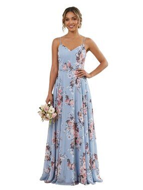 Kleinfeld Bridesmaid Gown Blue Floral Maxi Dress Spaghetti Strap Wedding Size 10
